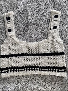 Crochet Square-Neck Crop Top in White with Black Accents